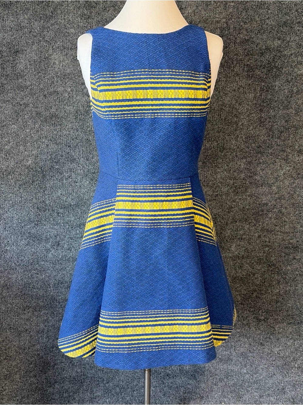 Alice + Olivia Blue and Yellow Striped Sleeveless Fit-and-Flare Mini Dress